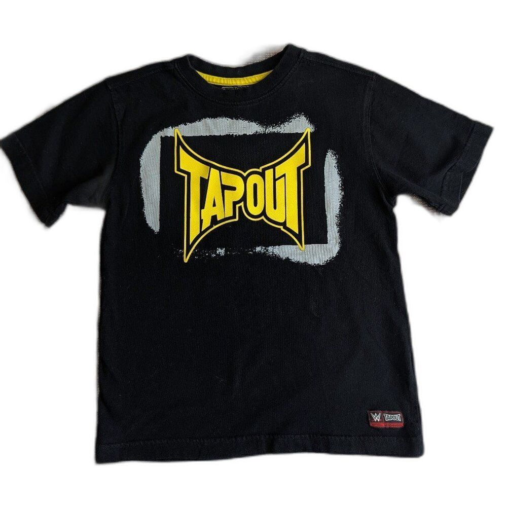 Boys Y2K Black Tapout T-shirt with Yellow Spray Paint Style Logo Size S/8